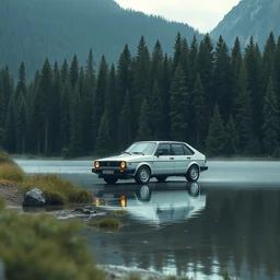 a volkswagen jetta mk 2 by a lakeside forest, hyper realistic