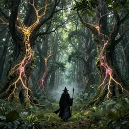 a gothic wizard of old walking through an open field with his staff in a beautiful forest of ancient neurons with yellow and pink glowing synapses running through the forest, light creeps through the dense green jungle, huge incredibly immense trees, highly detailed, hyperrealism, trending on art station, ancient forest like fanal forest or fangorn forest, misty forest, realistic painting, sharp image, hyper realistic art, highly detailed leaves, cinematic, art by konstantin razumov, chiaroscuro