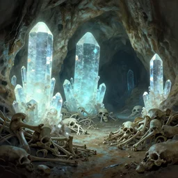 a cave with huge glowing crystals in the walls and piles of bones on the floor, art by donato giancola and greg rutkowski, digital art