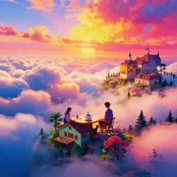cafe in the clouds, high contrast, vibrant colors, vivid colors, high saturation, fantasy, artwork, aesthetic, calming, very beautiful scenery, hd, hdr, ue5, ue6, unreal engine 5, cinematic, 4k wallpaper, 8k ultra, by Greg Rutkowski and Jesper Ejsing and Raymond Swanland and alena aenami, featured on artstation, wide angle