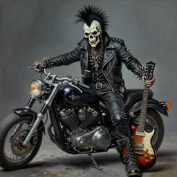 a portrait of the grim reaper as a punk rocker, punk, skeleton face, mohawk, dark, fantasy, leather jackets, spiked collars, spiked wristbands, piercings, boots, guitars, motorcycles, ultrafine detailed painting by frank frazetta, detailed painting