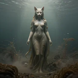 a cat goddess!! standing in a windy murky underwater garden! with a beautiful symmetrical face!!! full body portrait, smooth, sharp focus, cinematic lightning, murky dusty deep, smoky eyes, isolated, studio lighting by artgerm yuri shwedoff and tom bagshaw