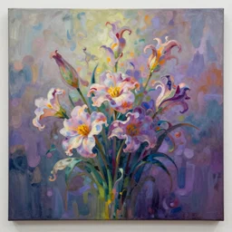This painting is a large canvas, covered in a wash of color. In the center is a cluster of flowers, their petals curling and twisting in on themselves. The effect is ethereal and dreamlike, and the overall effect is one of serenity and peace. kokedama by Nikolina Petolas, by Krenz Cushart, by Syd Mead wondrous