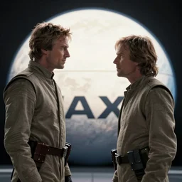 cinematic still image 2 shot screenshot portrait of lando calrissian / meeting and looking up to luke skywalker, scene from 1 9 8 0 s crisp 4 k 7 0 mm imax, moody iconic scene, octane render, beautiful backlit, planet