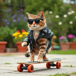 a photo of a british shorthair cat wearing sunglasses and black leather jacket skateboarding in a garden