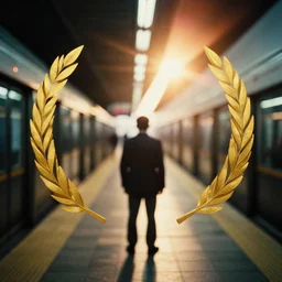 a 2 8 mm macro photo from the back of a businessman standing on a subway platform, splash art, movie still, bokeh, canon 5 0 mm, cinematic lighting, dramatic, film, photography, golden hour, depth of field, award - winning, anamorphic lens flare, 8 k, hyper detailed, 3 5 mm film grain