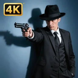 mysterious man in black suit and black hat, he has a pistol!!, mysterious, 4 k, highly detailed, digital art, strong shadows, high contrast, epic scene, atmospheric, blue colours, award winning photo