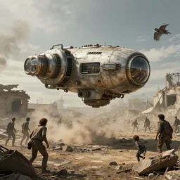 teleportation machine in a post - apocalyptic world, with survivors using it to escape the ruins of civilization