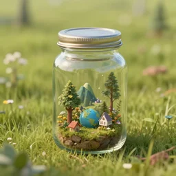 a tiny world inside a glass jar sitting in a field , realistic, unreal engine 5, trending on artstation, Fantasy style, object , high detail, -4