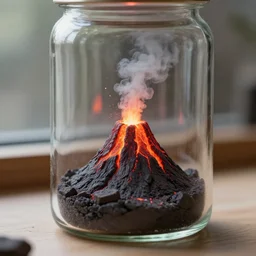 a tiny realistic proportioned erupting volcano with lava and smoke contained inside a glass jar windowsill in background. sharp focus, photography, unreal engine, trending on artstation, photorealistic, octane, trending on deviantart, unreal engine