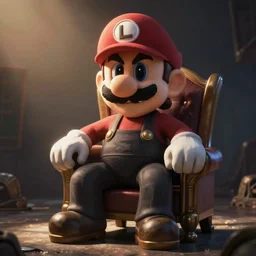 Waluigi sitting menacingly in a chair