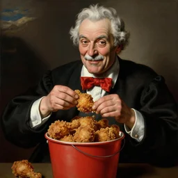Colonel Sanders eating fried chicken with his hands out of a red bucket. Painted by Caravaggio, high detail