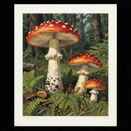 A blotter paper of paul stamets in the 70s with amanita muscaria, agarikon, chaga,  forest, by beeple, mobius, trending on artstation