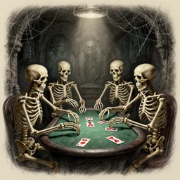 skeletons playing poker, cobwebs, grunge, dungeon, volumetric lighting, hyper real, pencil art, moddy lighting, dark colors