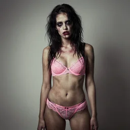 a dirty grungy zombie girl wearing pink lace victoria secret, studio portrait,