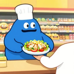 person ordering chicken salad at grocery store lockness monster serving food in white hat, bobs burgers style, digital art, cartoon, colorful, silly, basic