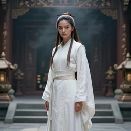 film still of ahsoka tano, wearing long white robe in a temple, deep focus, glamour pose, dramatic lighting, octane, mist, steve mccurry, volumetric lighting, 8 k