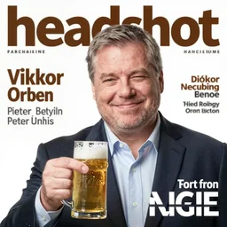 headshot magazine cover photo of viktor orban winking with beer by peter lindbergh, studio lighting