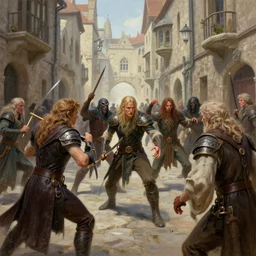 an exciting fantasy street battle within a fascinating old city, photo-real characters, narrow streets, old buildings, by Sylvain Sarrailh,  cinematic, simple but effective composition, clean lines, beautiful digital painting, oil painting, ultra photo-real render, great character design, dungeons and dragons, lord of the rings,  close up characters, fantasy races