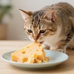 dlsr food photo of a really tiny cat eating cheese.