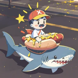 a real life representation of a hotdog riding a shark