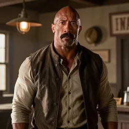 Dwayne Johnson starring in a western movie, in a saloon with long moustache gritty tone