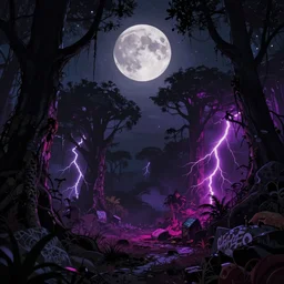 Magic jungle at starry night during super full moon, digital graffiti landscape, detailed, sci-fi fantasy, surreal, main colour - black, second colours - purple, fuchsia, dark mood, creepy lightning, deep shadows, HD, 4K, photorealistic