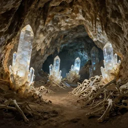 a cave with huge glowing crystals in the walls and piles of bones on the floor, grand landscape art by donato giancola and greg rutkowski