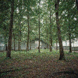 forest growing inside of a warehouse, professional photography
