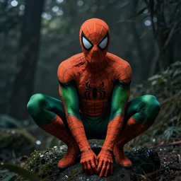 moody atmospheric render of an orange and green spiderman by leon tukker