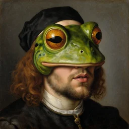 portrait of an actor with a frog mask, oil painting by jan van eyck, northern renaissance art, oil on canvas, wet - on - wet technique, realistic, expressive emotions, intricate textures, illusionistic detail