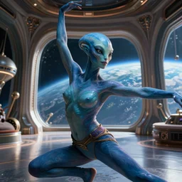vfx movie scene closeup portrait of beautiful blue skin fit alien woman dancing in in yoga pants in sleek futuristic decadent spaceship pillars, alien antenna, futuristic ballroom. big eyes, giant windows view of earth obit. by emmanuel lubezki
