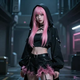 stunning  young cyberpunk girl + pink hair + black hoddy + flury skirt, living her dreams, mysterious, atmospheric, cinematic, Epic, 8k, 4k, ultra detail, ultra realistic, rendered by awesomeness