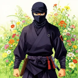 ancient japanese ninja, ninja garbs, ninja artwork, wearing wild flowers, illustrated by horohiko araki, by takashi murakami