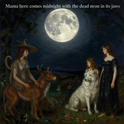 dramatic lighting romantic painting titled'mama here comes midnight with the dead moon in its jaws ', magical realism symbolist, full landscape with hybrid animal figures, painted by arnold bocklin and odilon redon and max ernst, shocking detail trending on artstation 8 k