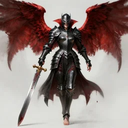 dnd art, female vampire knight, barefoot, black full plate armor, historical armor, realistic armor, muscular, full body, monstrous mask, giant two - handed sword dripping blood, red wings, grinning, no boots, black nail polish, realistic, pathfinder, flying.