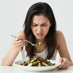 angry women eating insect salad. magazine photograph.