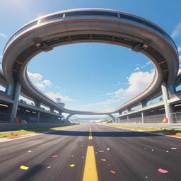 wide angle shot worms eye view of a realistic futuristic racetrack winner circle with confetti on a sunny day with a clear blue sky, cyberpunk, digital painting, good value control, vibrant colors, three point perspective, rule of thirds, golden ratio, horizon line focus, sharp focus, 8 k, fourze, realistic textures