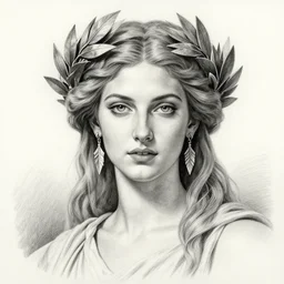pencil drawing of a beautiful greek goddess aphrodite wearing a laurel wreath and arrowhead earrings, beautiful confident eyes, beautiful flowing hair, hyper realistic face, in the style of artgerm, fantasy, amazing detail, epic, elegant, smooth, sharp focus, from the front, long shot
