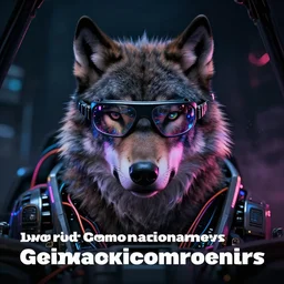 portrait of cyber wolf with cyberpunk fpv glasses in cockpit, reflective lens, caustics, bokeh, dust, mechanical parts, neon wires, dark fur, closeup portrait, editorial photography, award winning, establishing shot, dark mood, dark sci fi, vibrant tones, cinematic, symmetry