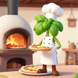 a tall basil plant character as a cook is making pizza in a wood fired oven, a round tomato character orders a beer, on a tropical beach, in the sunset, ultra realistic, extremely detailed 3 d render, octane render, octane, ray tracing, evening light, 4 k, movie still by pixar