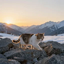 a singular cat walking through rocks in a moutainous terrain at sunset, snow, cute, godrays, complementary colors, calm, relaxing, beautiful landscape, highly detailed, high quality, 4k HDR, natural lighting, close view, path tracing, orange palette, anatomically correct, hyperrealistic, low contrast