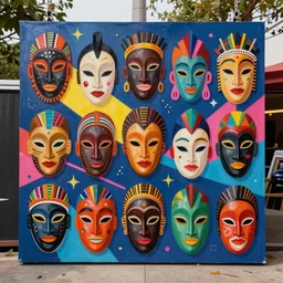 a crazy painting of a collection of african masks, in the style of memphis design, outdoor, neo modernism, neon, 1 9 2 0, bright colors, documentary