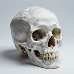 skull made of translucent silk and satin cloth over electronic circuits and wires