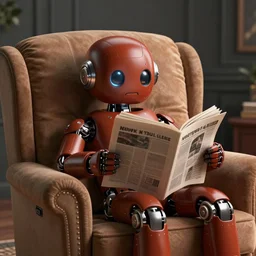 futuristic lonely matte brown and red full-body humanoid robot with huge round expressive sad LED eyes and open rectangular mouth sitting on a large comfortable cushioned vintage recliner reading a newspaper. Cinematic Lighting, Cinematic Movie Photograph, Arri Alexa, Extremely Detailed, smooth, very very clean, 8K, octane render, maya render, unreal engine, trending on artstation, DSLR, excellent composition, moody
