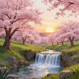 featured on artstation cherry tree Cherry blossom meadow waterfall sunset beautiful image stylized digital art