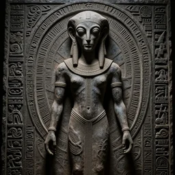 gothic sculpture of annunaki, with decorative sumerian tribal design surrounding, deep texture, intense detail, hyperealism, 4 k