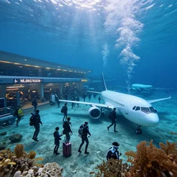 underwater busy airport, photorealistic, detailed