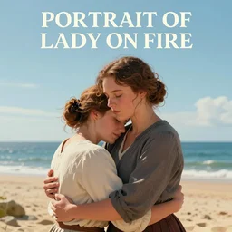 poster for the film portrait of lady on fire, brittany by the sea, two women embracing, by sparth from artstation