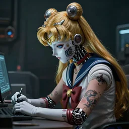 a cyberpunk sailor moon with arm tattoos with cybernetic enhancements doing research, detailed mask, scifi character portrait by greg rutkowski, esuthio, craig mullins, 1 / 4 headshot, cinematic lighting, dystopian scifi gear, gloomy, profile picture, mechanical, half robot, implants, steampunk
